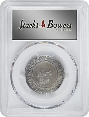 image for: 1652 Pine Tree Shilling. Large Planchet. Noe-1, Salmon 1-A, W-690. Rarity-2. Pellets at Trunk. AU-53 (PCGS).