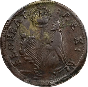 image for: Undated (ca. 1652-1674) St. Patrick Farthing. Martin 2c.1-Ea.8, W-11500. Rarity-8. Copper. Sea Beasts Below King. EF-45 (PCGS).