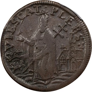 image for: Undated (ca. 1652-1674) St. Patrick Farthing. Martin 2c.1-Ea.8, W-11500. Rarity-8. Copper. Sea Beasts Below King. EF-45 (PCGS).