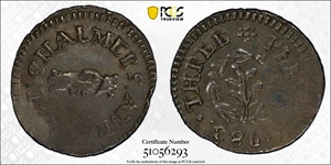 image for: 1783 John Chalmers Threepence. W-1760. Rarity-5. AU-50 (PCGS).