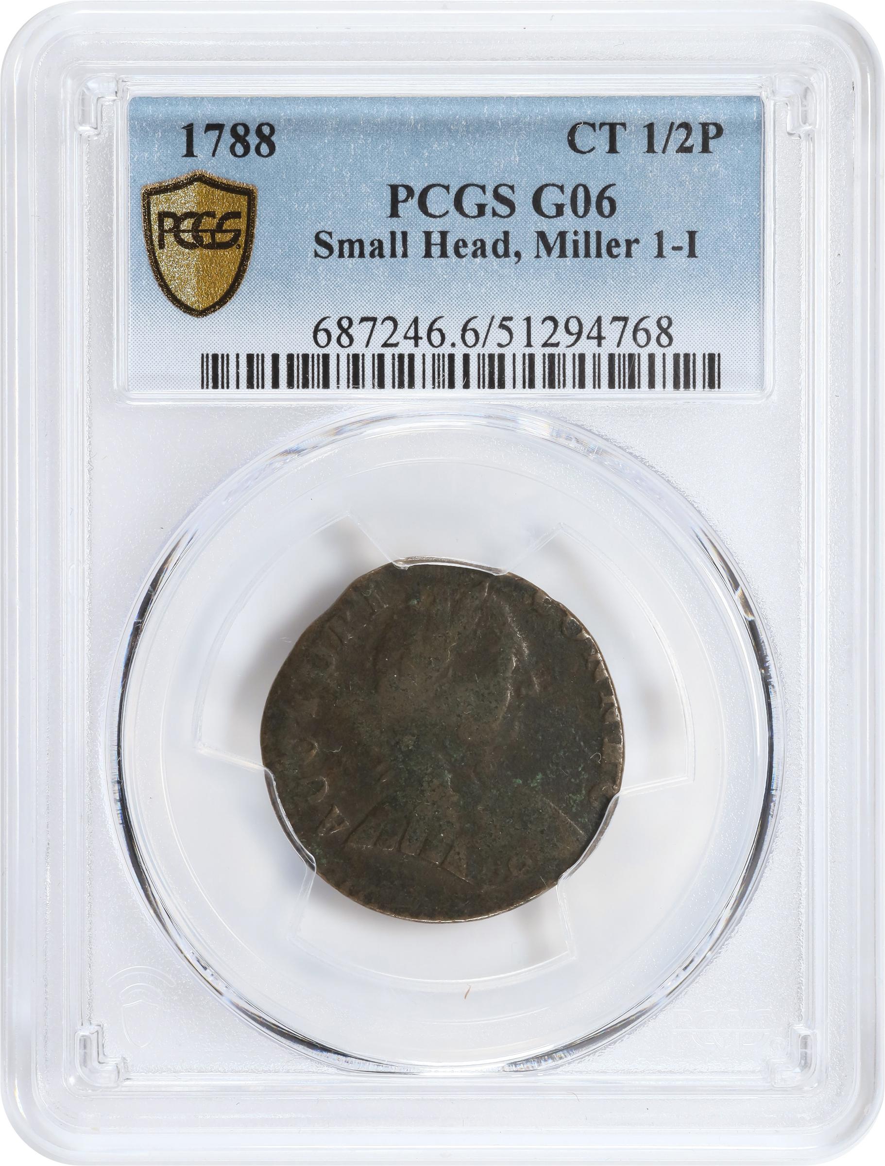 image for: 1788 Vermont Copper. RR-39, Bressett 25-U, Miller 1-I, W-2265 and W-4400. Rarity-5-. Mailed Bust Right, Small Head, Vermont Reverse. Good-6 (PCGS).