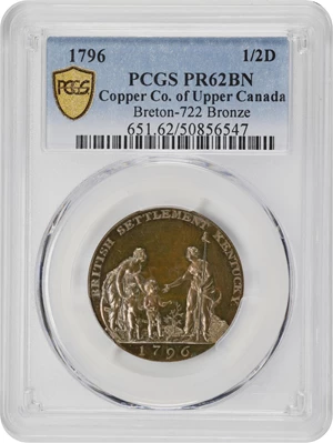 image for: 1796 Myddelton / Copper Company of Upper Canada Halfpenny Token Muling. Breton-722, W-8910. Copper. Proof-62 BN (PCGS).