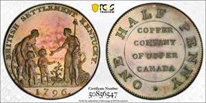 image for: 1796 Myddelton / Copper Company of Upper Canada Halfpenny Token Muling. Breton-722, W-8910. Copper. Proof-62 BN (PCGS).