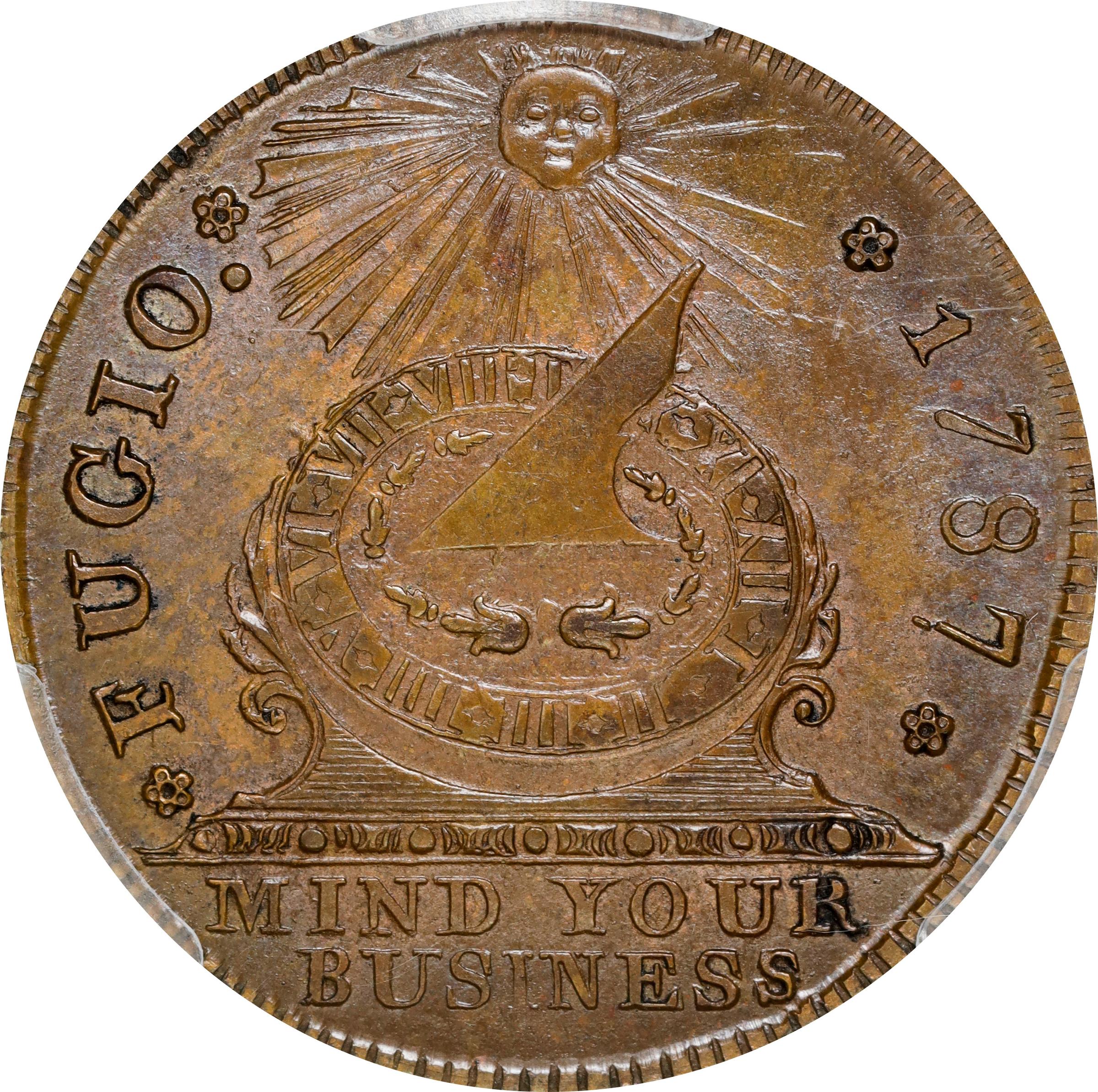 image for: "1787" (ca. 1860) Fugio Cent. "New Haven Restrike." Newman-104-FF, W-17560. Rarity-3. Brass or Yellow Bronze. MS-63 (PCGS).