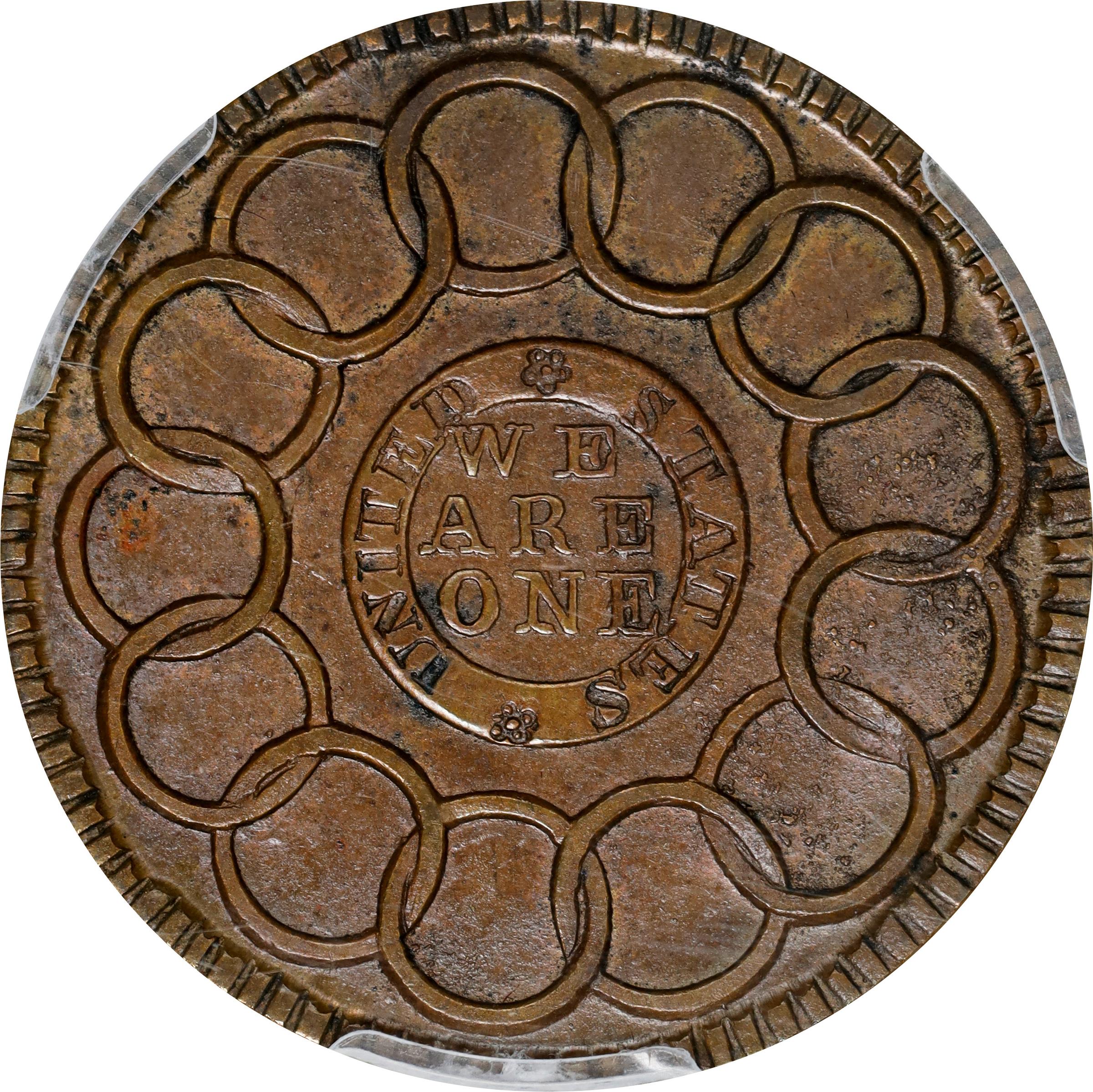 image for: "1787" (ca. 1860) Fugio Cent. "New Haven Restrike." Newman-104-FF, W-17560. Rarity-3. Brass or Yellow Bronze. MS-63 (PCGS).