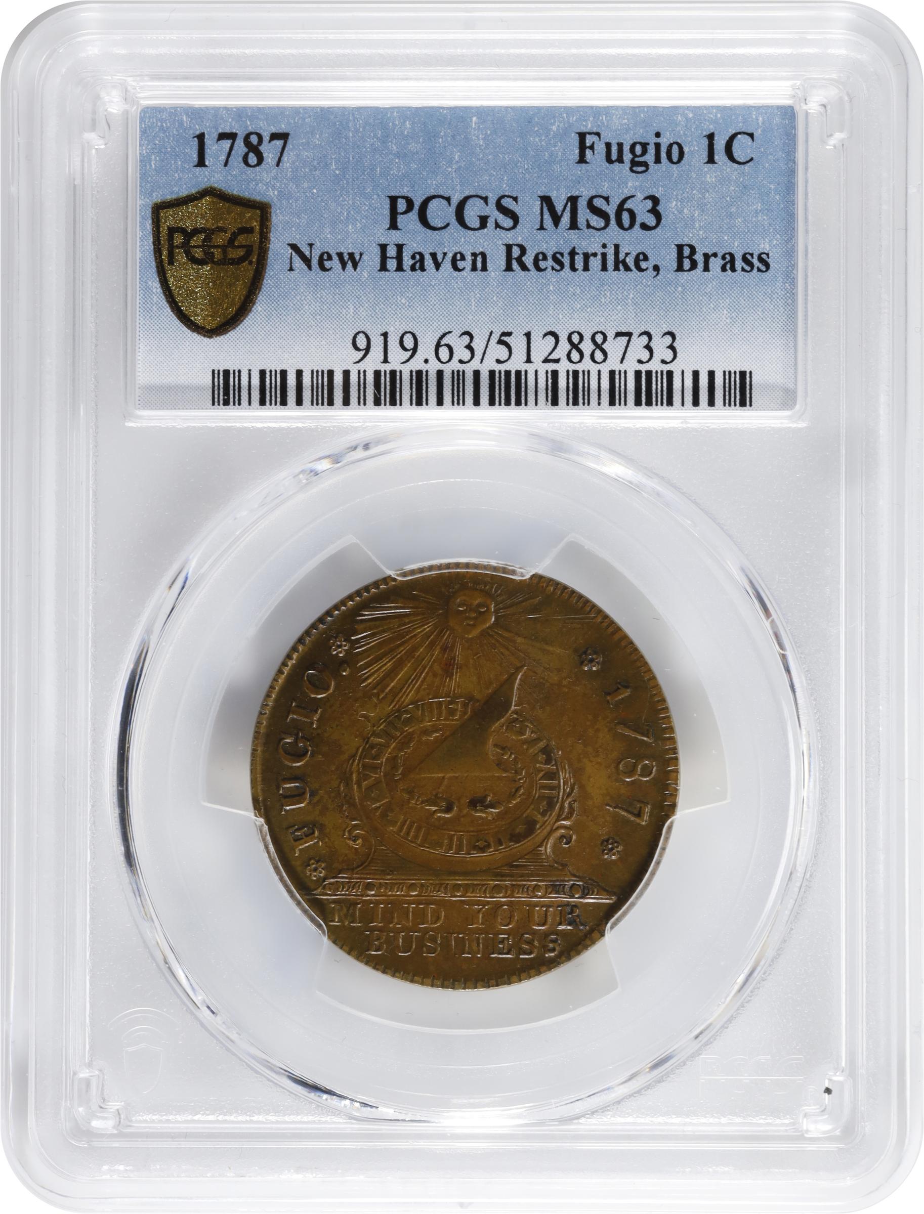 image for: "1787" (ca. 1860) Fugio Cent. "New Haven Restrike." Newman-104-FF, W-17560. Rarity-3. Brass or Yellow Bronze. MS-63 (PCGS).