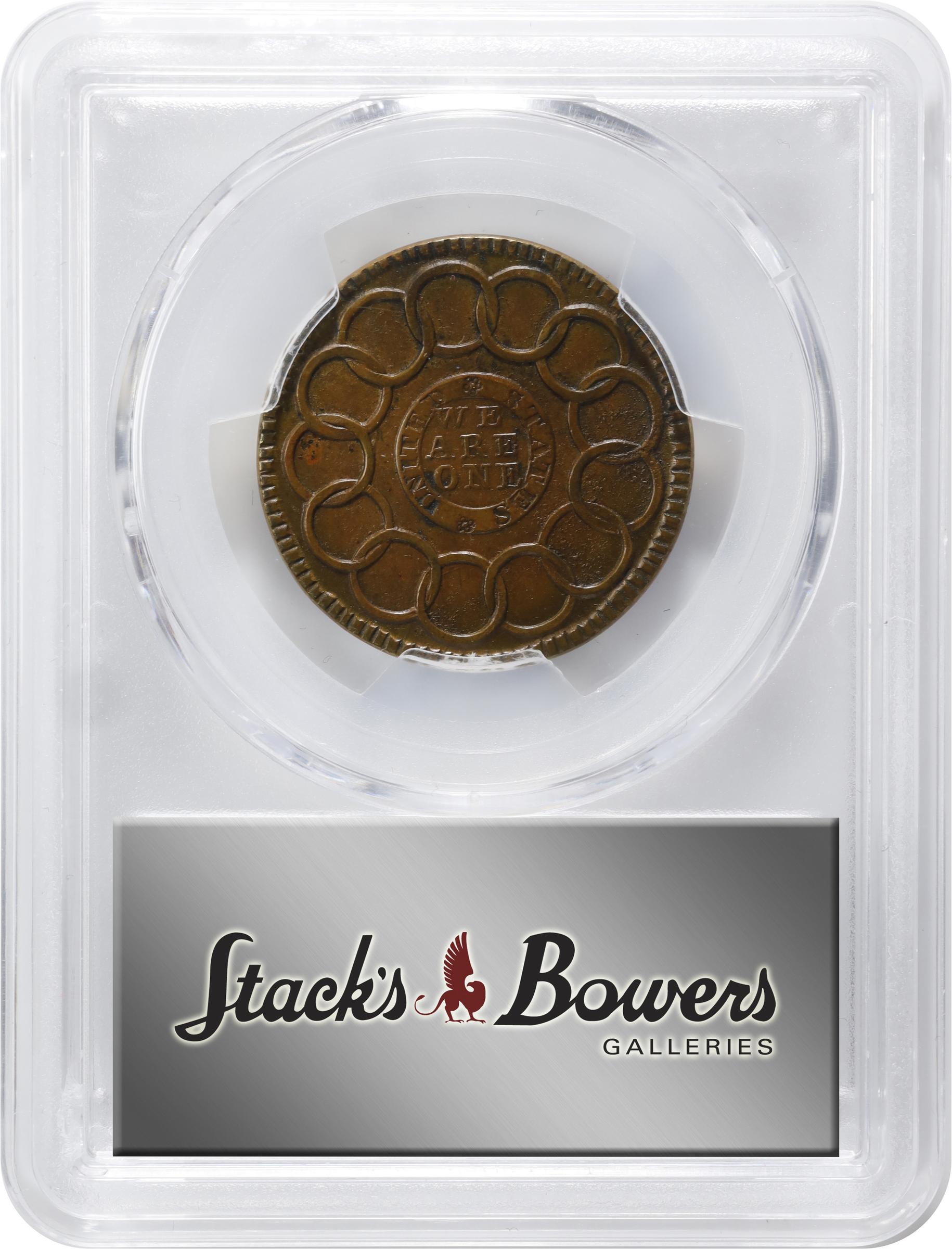 image for: "1787" (ca. 1860) Fugio Cent. "New Haven Restrike." Newman-104-FF, W-17560. Rarity-3. Brass or Yellow Bronze. MS-63 (PCGS).