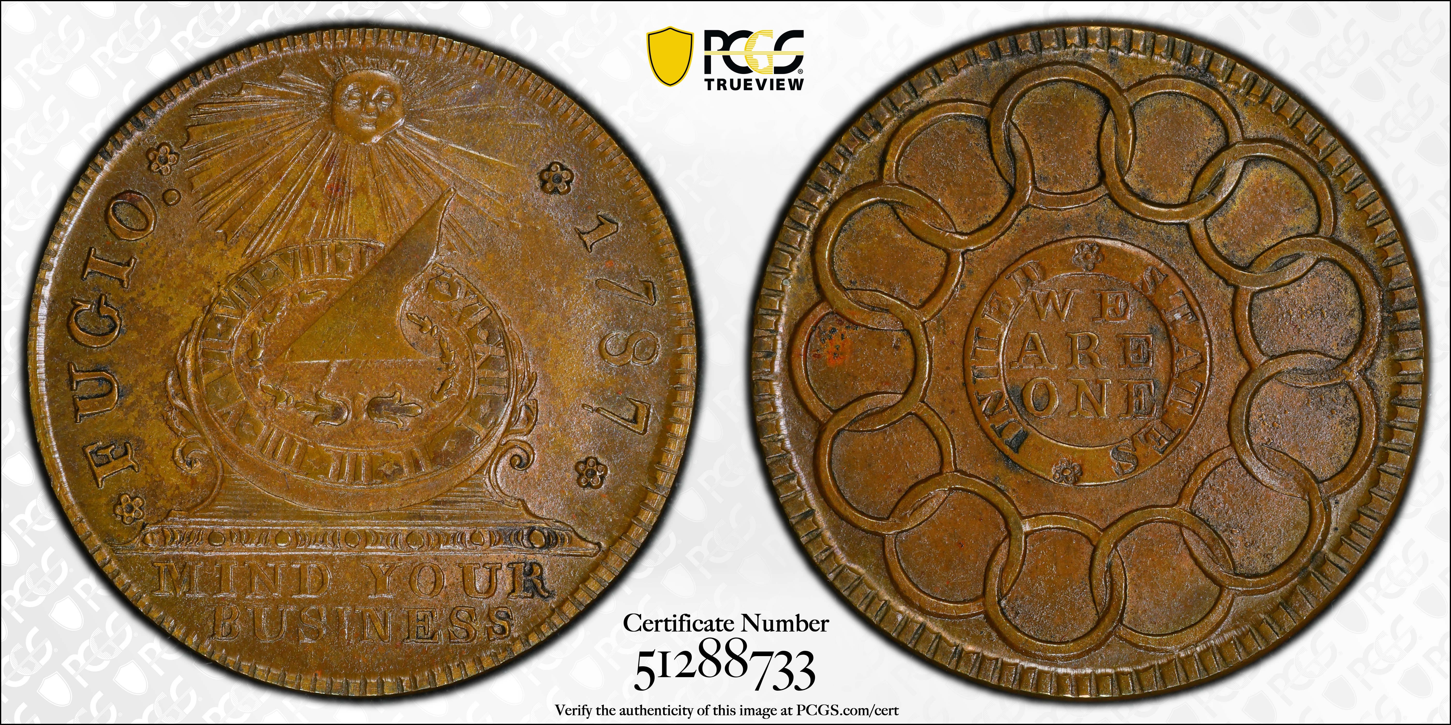 image for: "1787" (ca. 1860) Fugio Cent. "New Haven Restrike." Newman-104-FF, W-17560. Rarity-3. Brass or Yellow Bronze. MS-63 (PCGS).