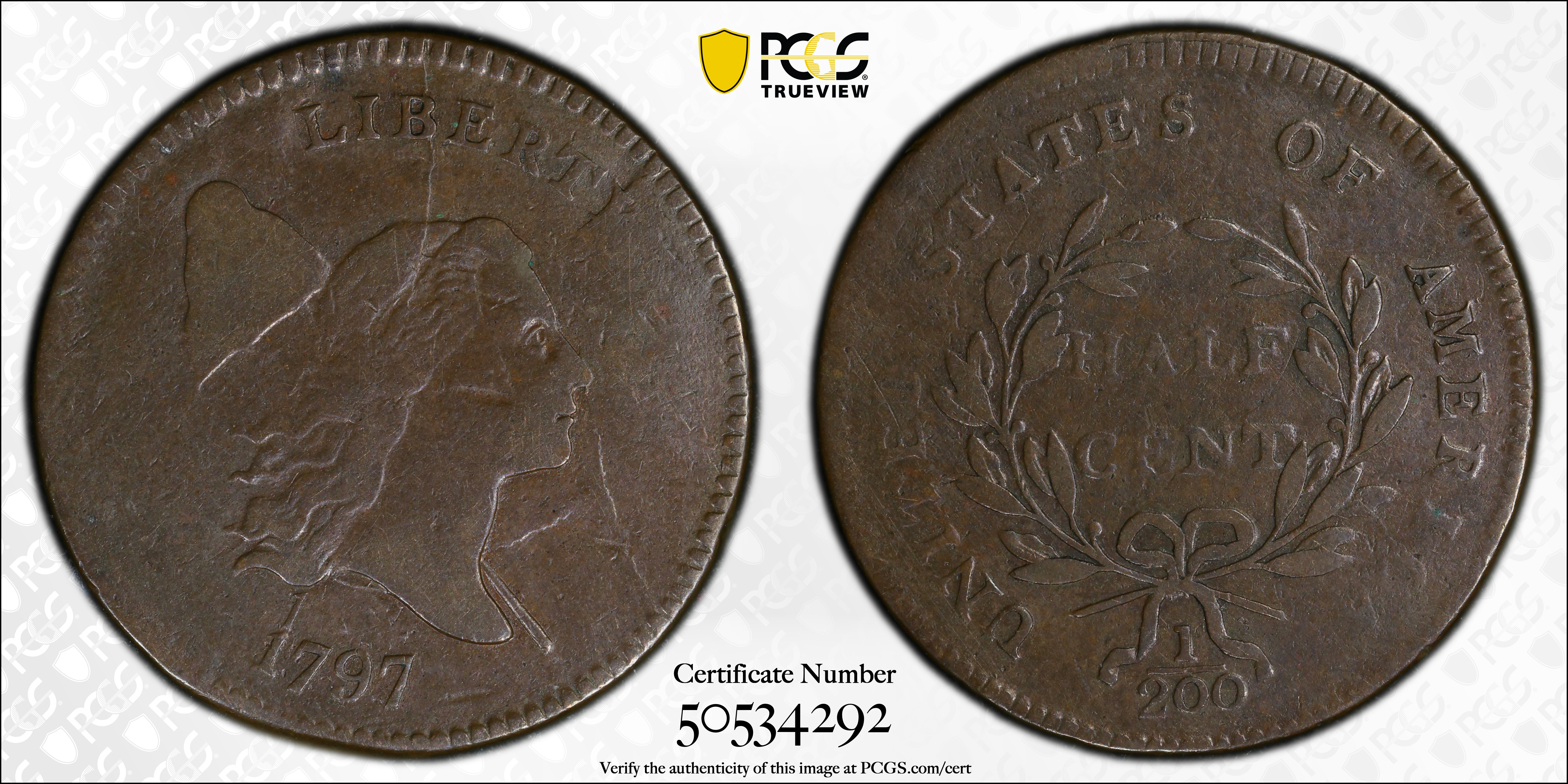 image for: 1797 Liberty Cap Half Cent. C-1. Rarity-2. 1 Above 1, Plain Edge. VF-30 (PCGS).