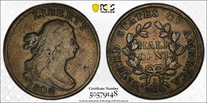 image for: 1802/0 Draped Bust Half Cent. C-2. Rarity-3. Second Reverse (a.k.a. Reverse of 1802). VF-20 (PCGS).