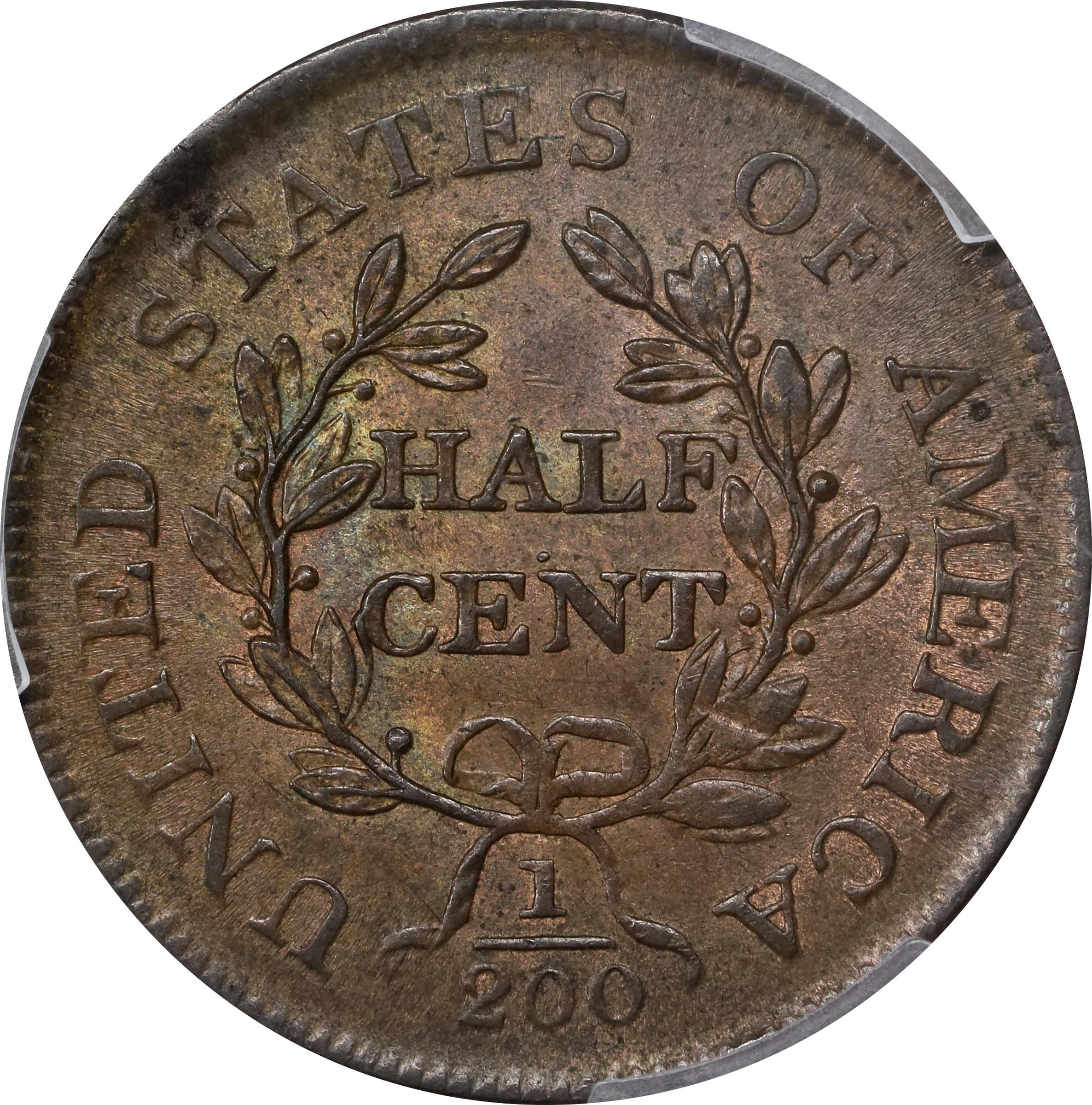 image for: 1805 Draped Bust Half Cent. C-1. Rarity-1. Medium 5, Stemless Wreath. MS-62 BN (PCGS).