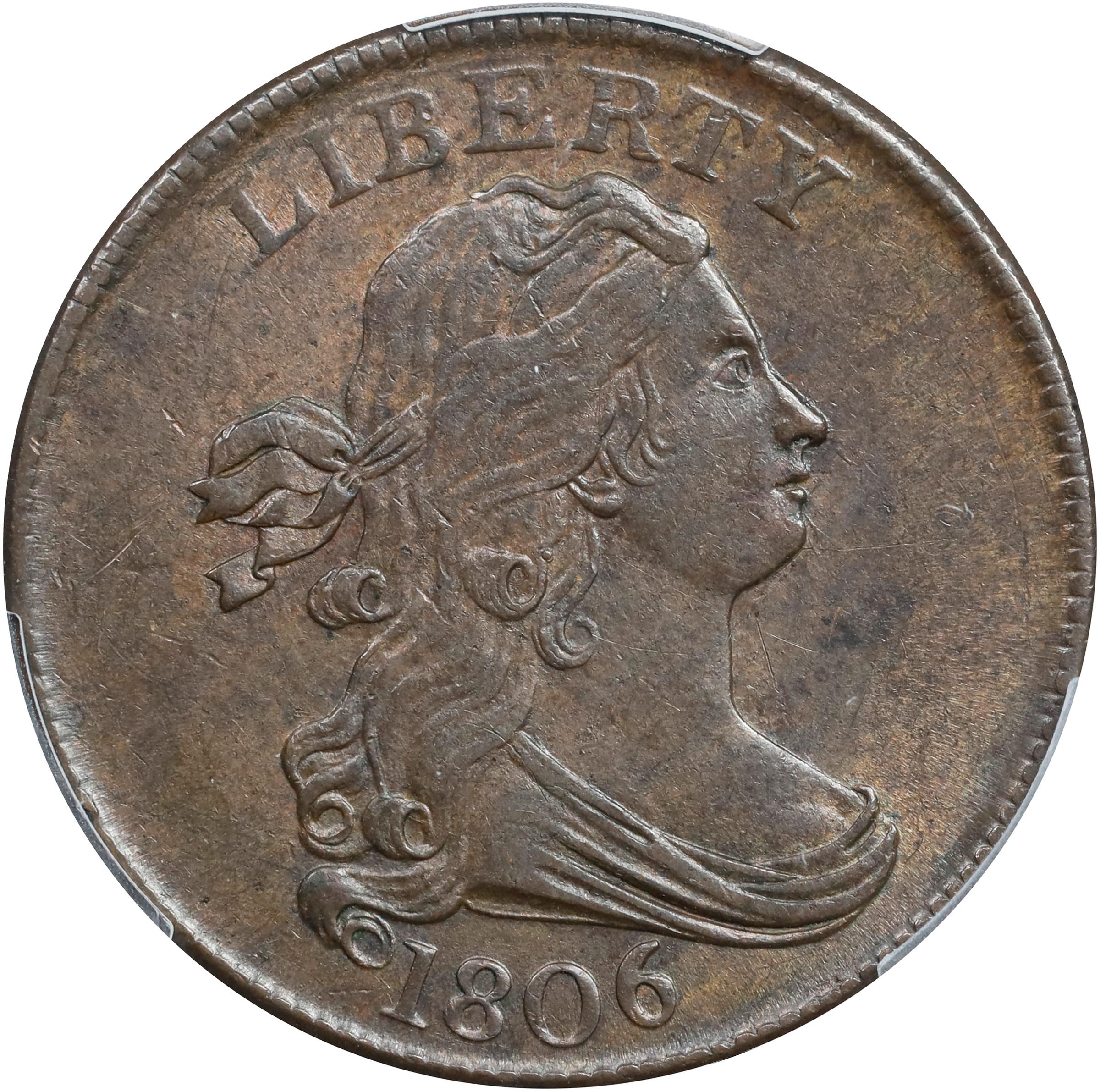 1806 Draped Bust Half Cent. C-1. Rarity-1. Small 6, Stemless Wreath. MS-62 BN (PCGS). CAC.
