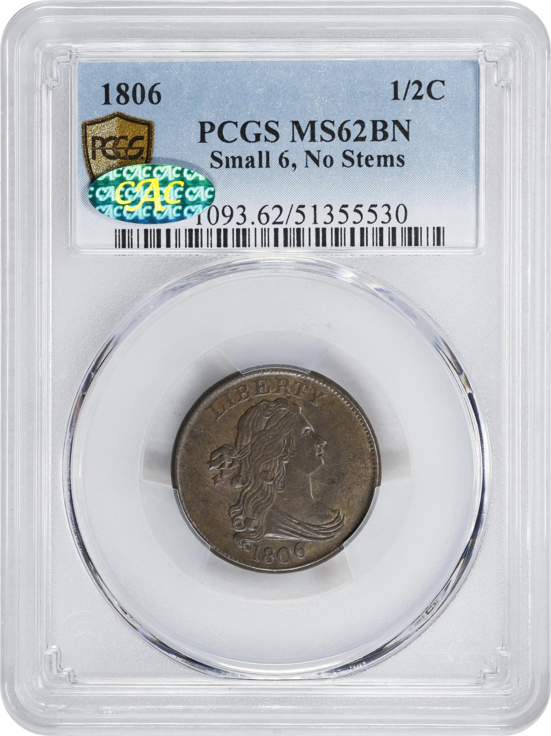 1806 1/2c Small 6, No Stems MS BN MS62 BN thumbnail 3