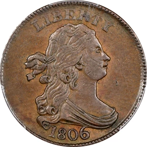 image for: 1806 Draped Bust Half Cent. C-4. Rarity-1. Large 6, Stems to Wreath. AU-55 (PCGS).