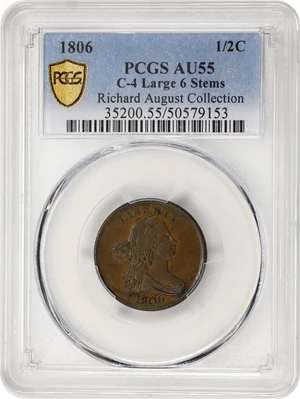 image for: 1806 Draped Bust Half Cent. C-4. Rarity-1. Large 6, Stems to Wreath. AU-55 (PCGS).