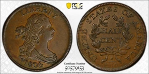 image for: 1806 Draped Bust Half Cent. C-4. Rarity-1. Large 6, Stems to Wreath. AU-55 (PCGS).