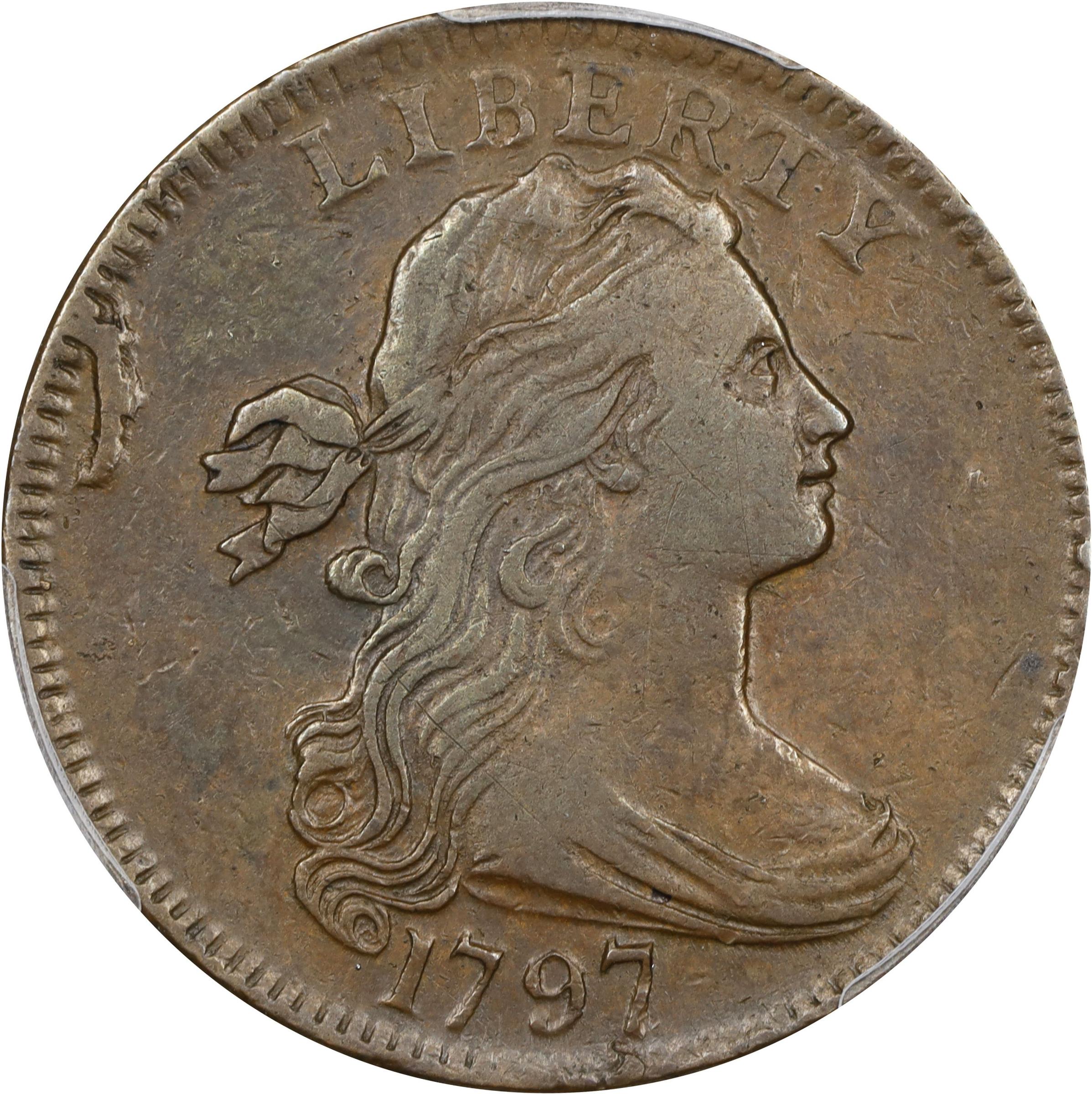 image for: 1797 Draped Bust Cent. S-130, B-25. Rarity-2. Reverse of 1797, Stems to Wreath. VF-30 (PCGS).