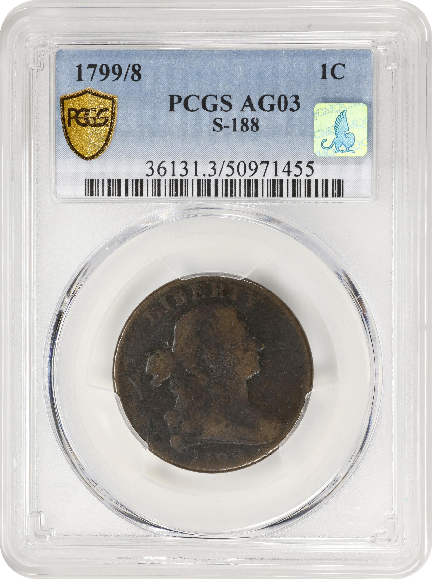 image for: 1799/8 Draped Bust Cent. S-188, B-2. Rarity-4. AG-3 (PCGS). CMQ.