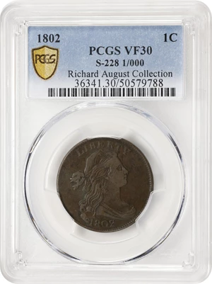 image for: 1802 Draped Bust Cent. S-228, B-4. Rarity-2. Fraction 1/000. VF-30 (PCGS).
