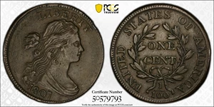 image for: 1807 Draped Bust Cent. S-276, B-6. Rarity-1. Large Fraction. EF-45 (PCGS).