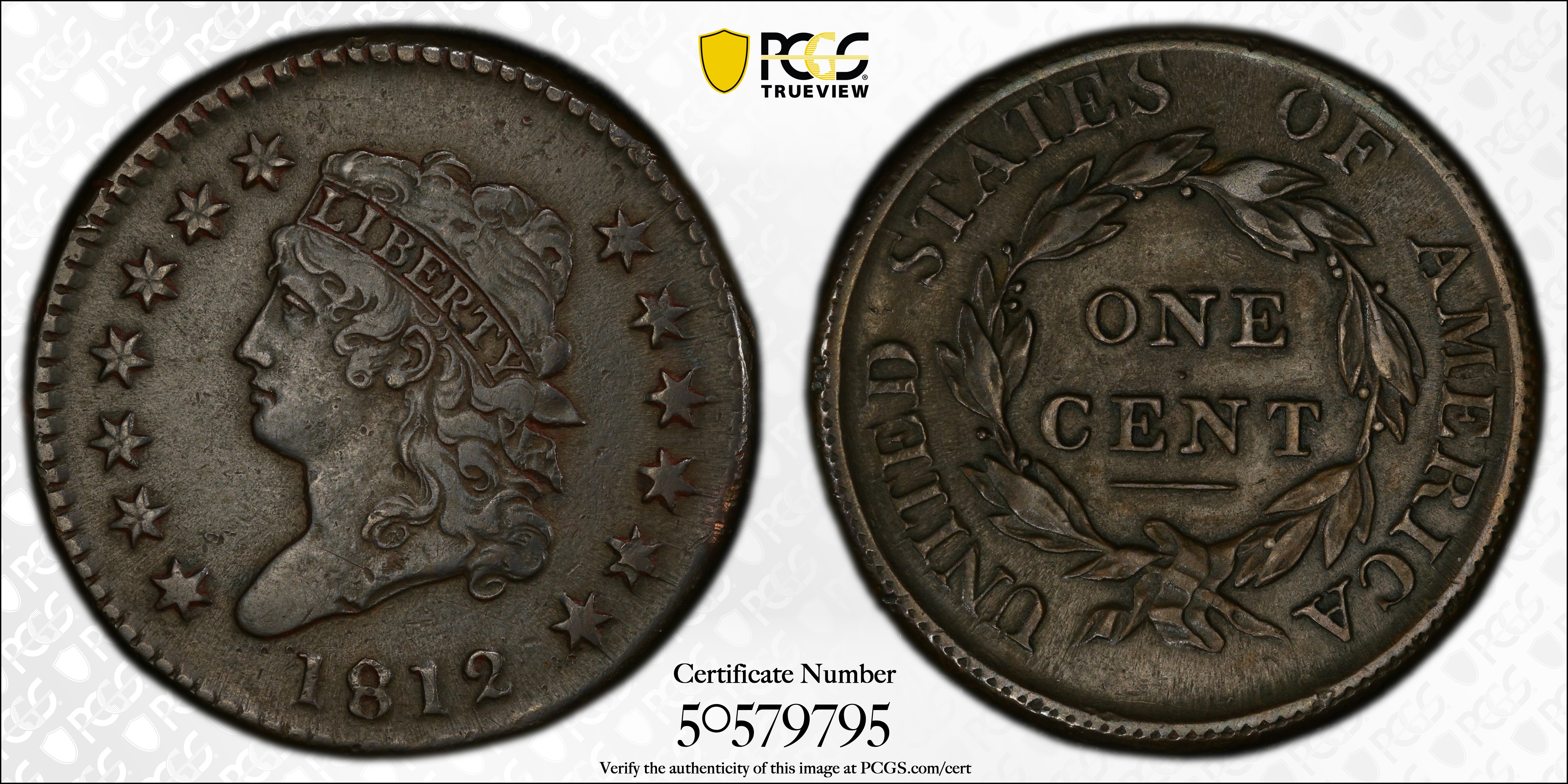 image for: 1812 Classic Head Cent. S-289, B-4. Rarity-1. Large Date. EF-40 (PCGS).