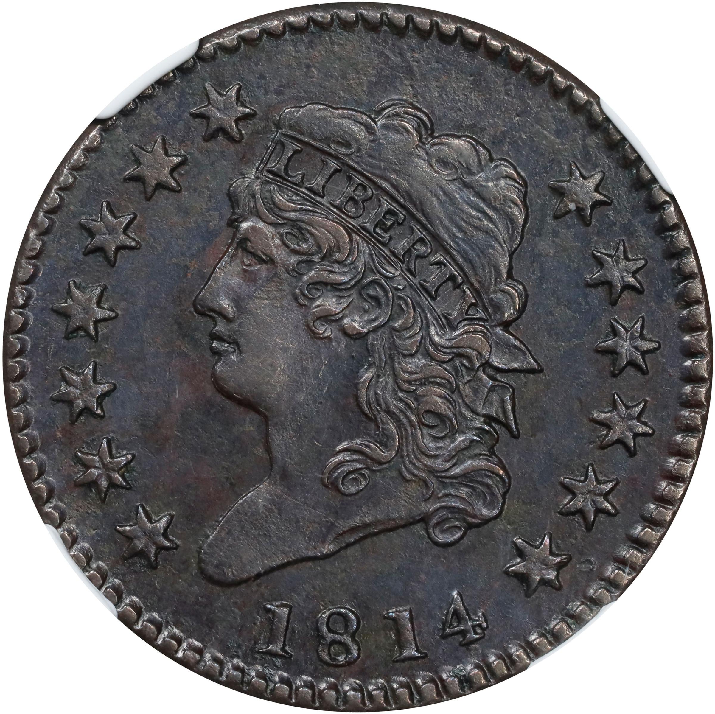 image for: 1814 Classic Head Cent. S-294, B-1. Rarity-1. Crosslet 4. AU-53 BN (NGC).