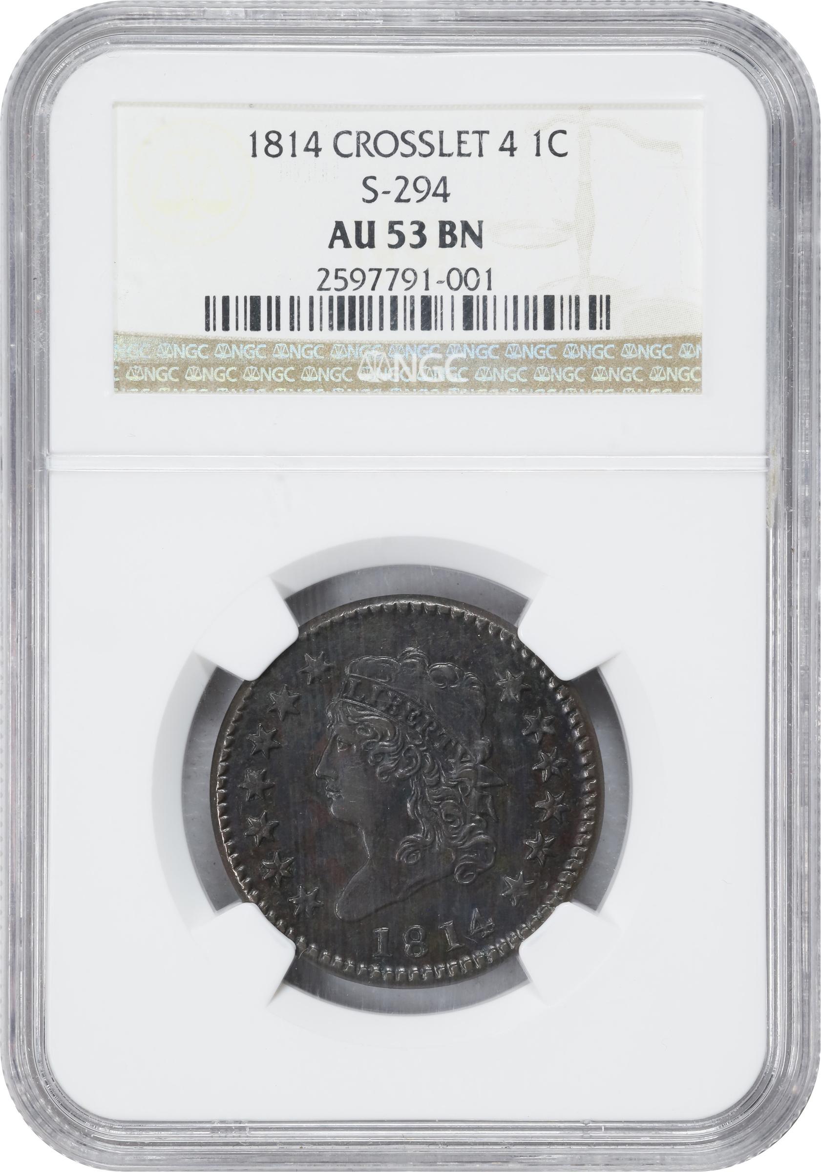 image for: 1814 Classic Head Cent. S-294, B-1. Rarity-1. Crosslet 4. AU-53 BN (NGC).