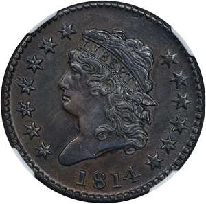 image for: 1814 Classic Head Cent. S-295, B-2. Rarity-1. Plain 4. AU-58 BN (NGC).