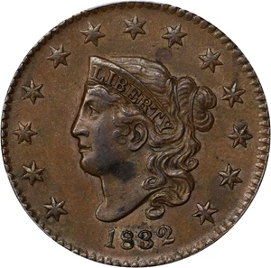 image for: 1832 Matron Head Cent. N-3. Rarity-1. Large Letters. MS-62 BN (PCGS).