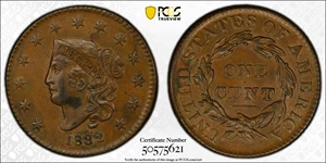 image for: 1832 Matron Head Cent. N-3. Rarity-1. Large Letters. MS-62 BN (PCGS).