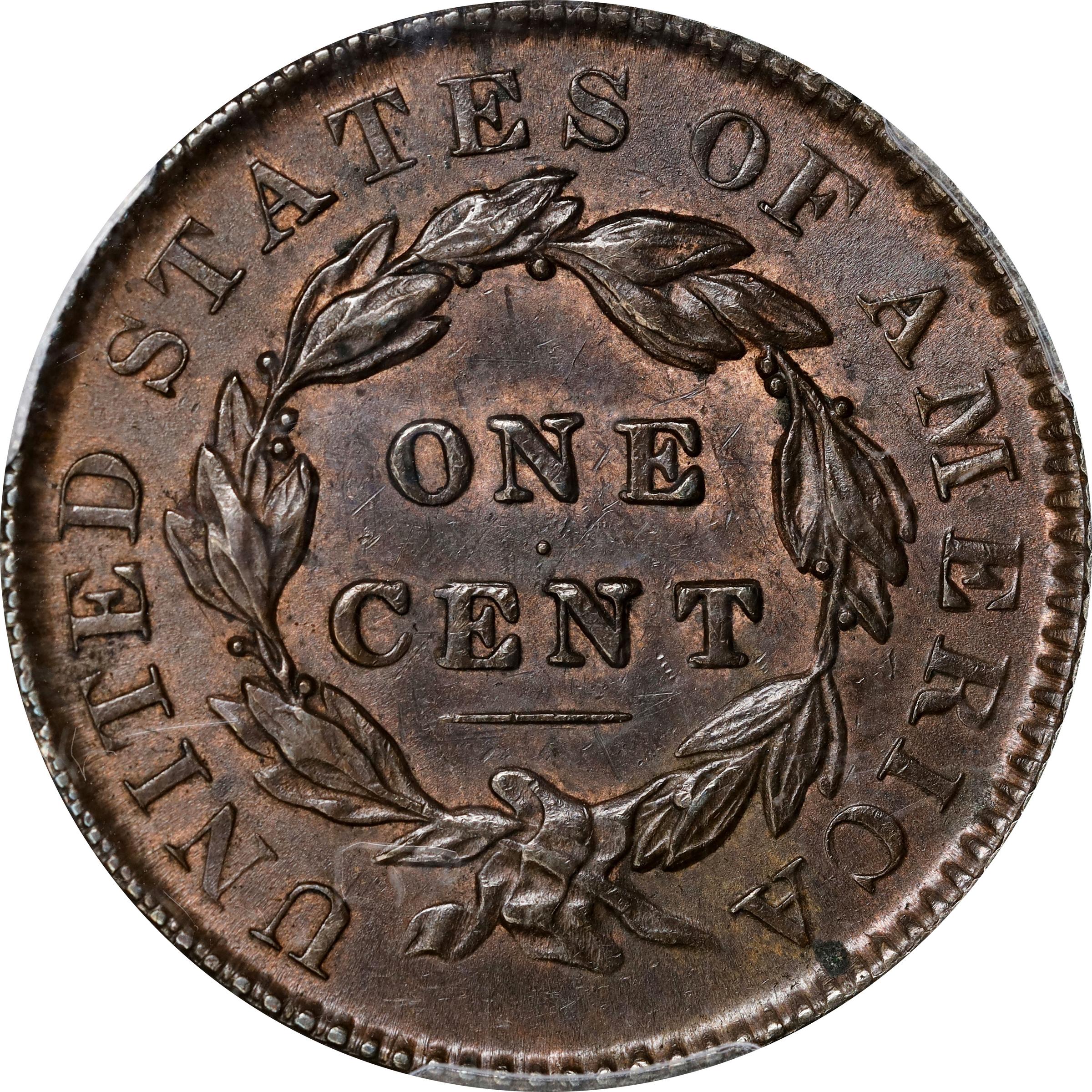 image for: 1835 Matron Head Cent. N-5. Rarity-2. Small 8 and Stars. MS-62 BN (PCGS).