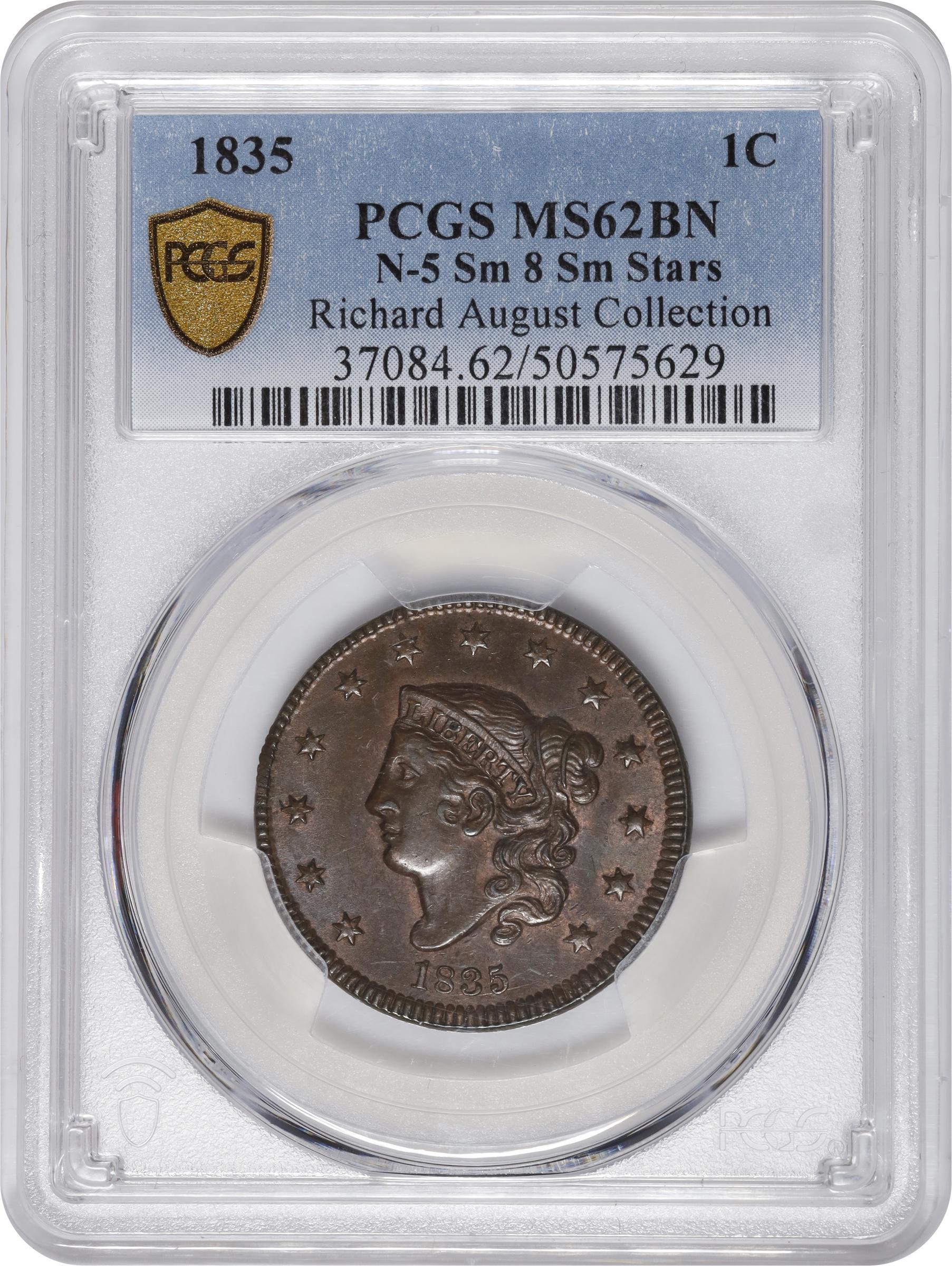 image for: 1835 Matron Head Cent. N-5. Rarity-2. Small 8 and Stars. MS-62 BN (PCGS).