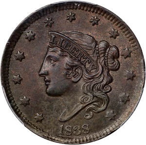 image for: 1838 Modified Matron Head Cent. N-3. Rarity-1. MS-64 BN (PCGS).