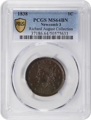 image for: 1838 Modified Matron Head Cent. N-3. Rarity-1. MS-64 BN (PCGS).