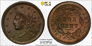 image for: 1838 Modified Matron Head Cent. N-3. Rarity-1. MS-64 BN (PCGS).