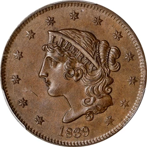 image for: 1839 Modified Matron Head Cent. N-7. Rarity-2. Booby Head. MS-64 BN (PCGS).