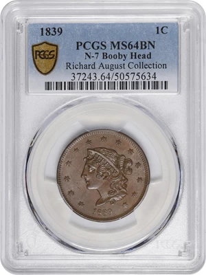 image for: 1839 Modified Matron Head Cent. N-7. Rarity-2. Booby Head. MS-64 BN (PCGS).