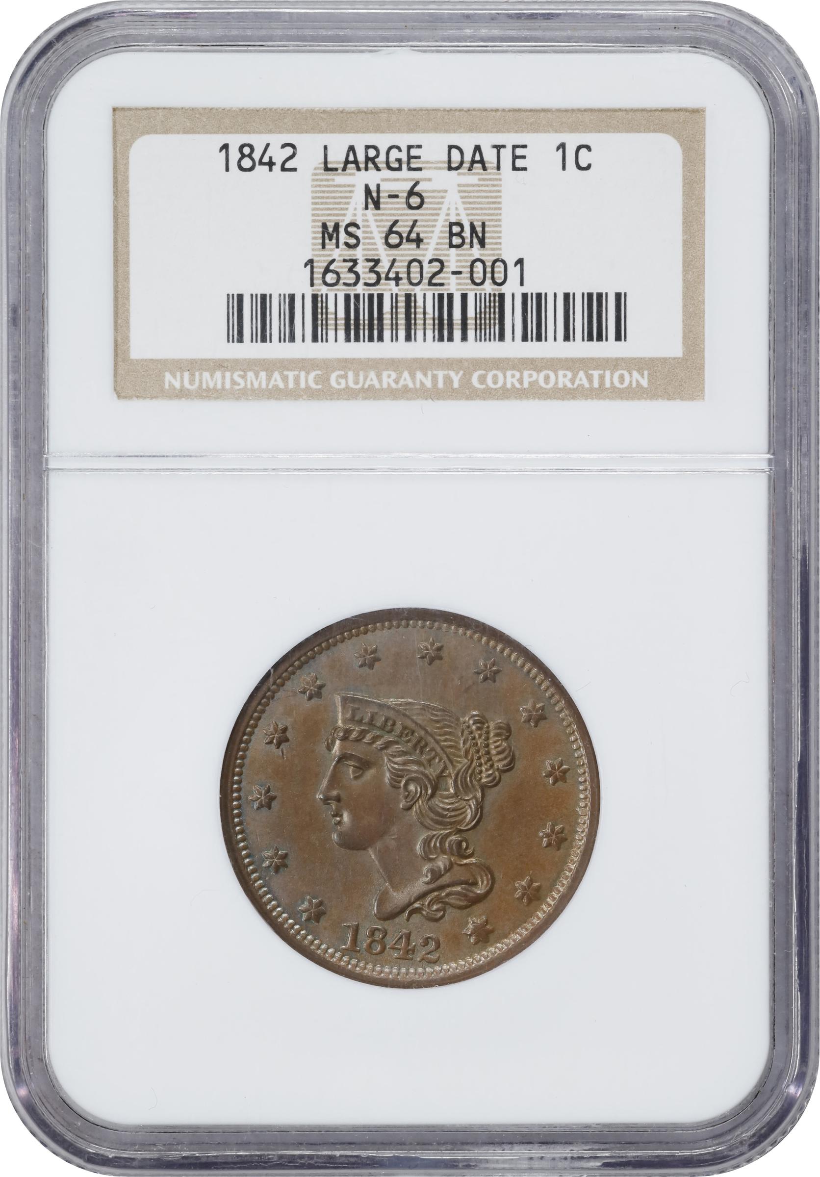 image for: 1842 Braided Hair Cent. N-6. Rarity-1. Large Date. MS-64 BN (NGC).