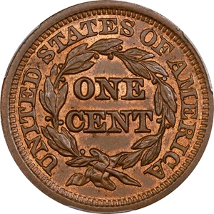 image for: 1847 Braided Hair Cent. N-18. Rarity-5. Large/Small 7. MS-65 RB (PCGS).