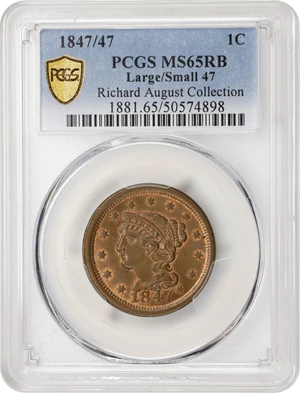 image for: 1847 Braided Hair Cent. N-18. Rarity-5. Large/Small 7. MS-65 RB (PCGS).