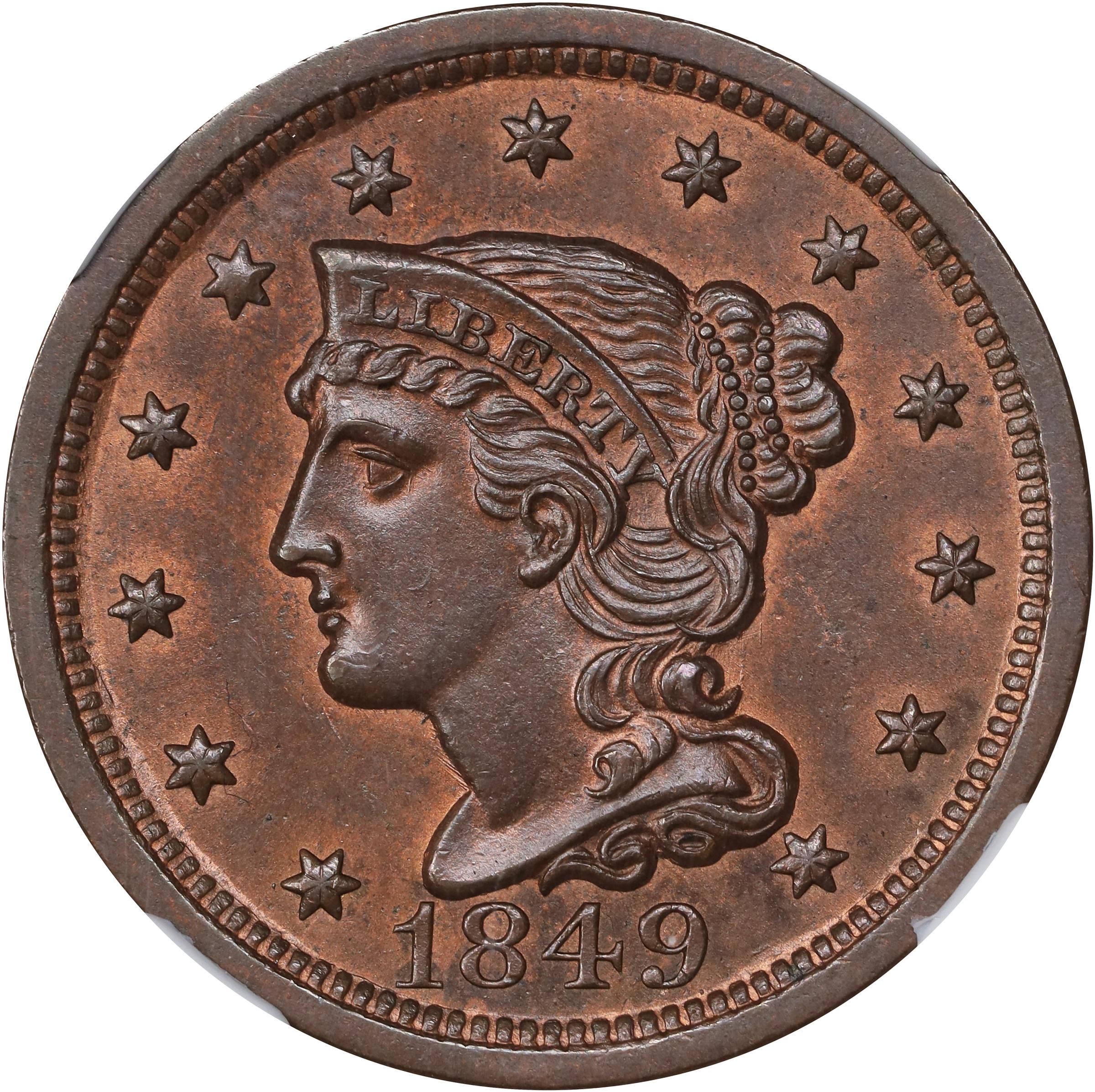 image for: 1849 Braided Hair Cent. N-12. Rarity-2. MS-65 RB (NGC).