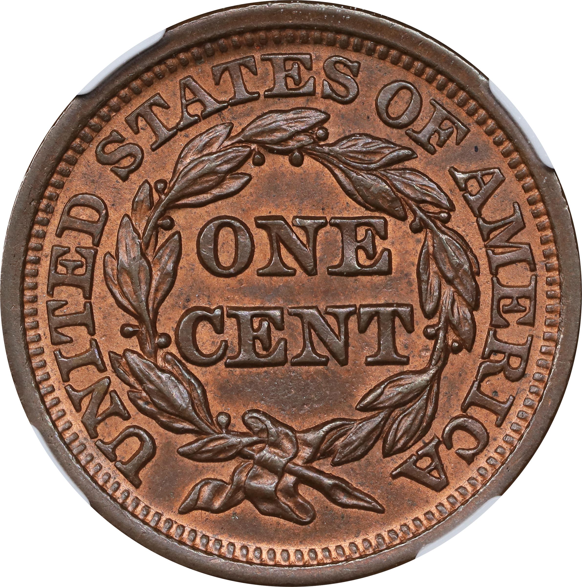 image for: 1849 Braided Hair Cent. N-12. Rarity-2. MS-65 RB (NGC).