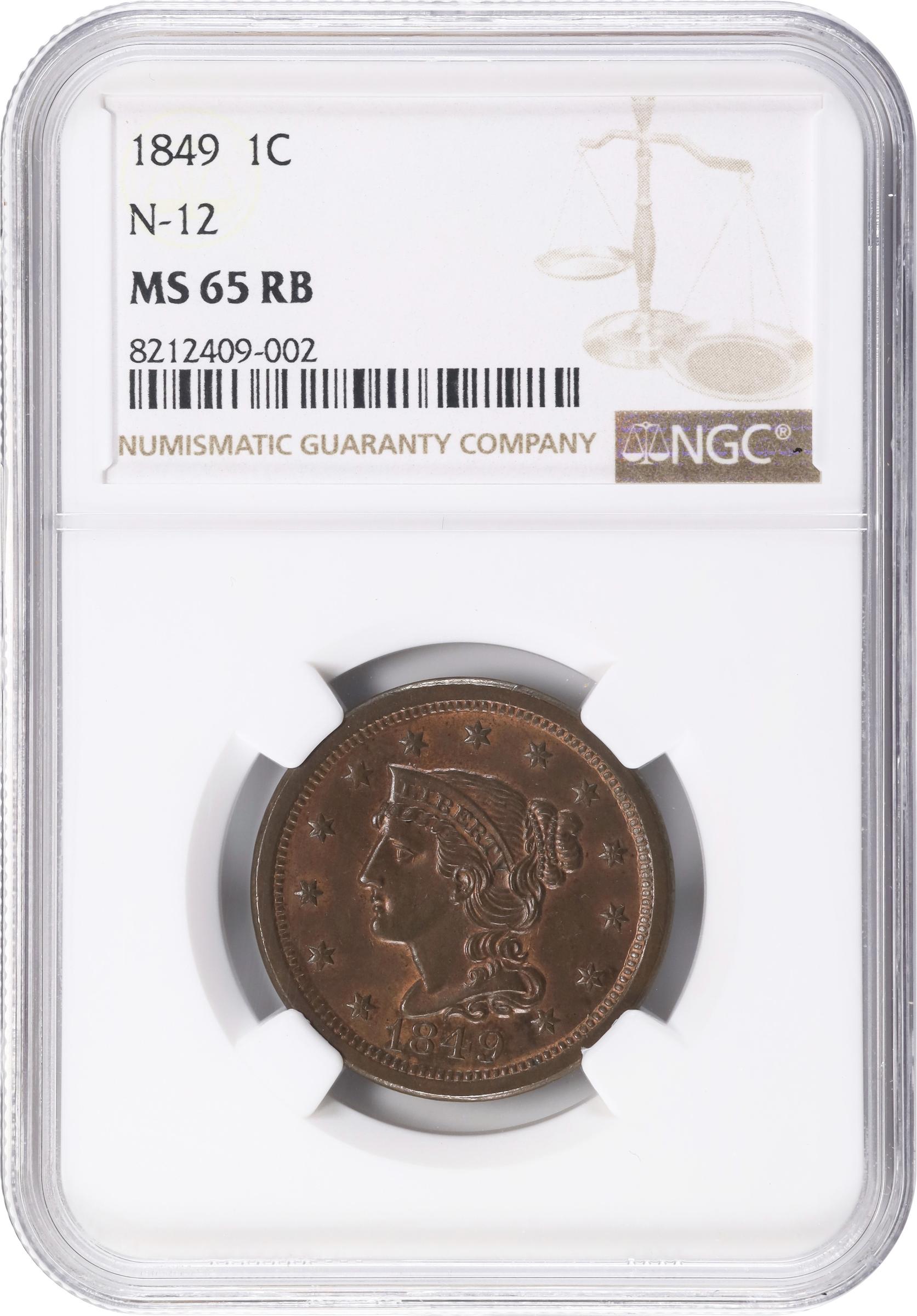 image for: 1849 Braided Hair Cent. N-12. Rarity-2. MS-65 RB (NGC).