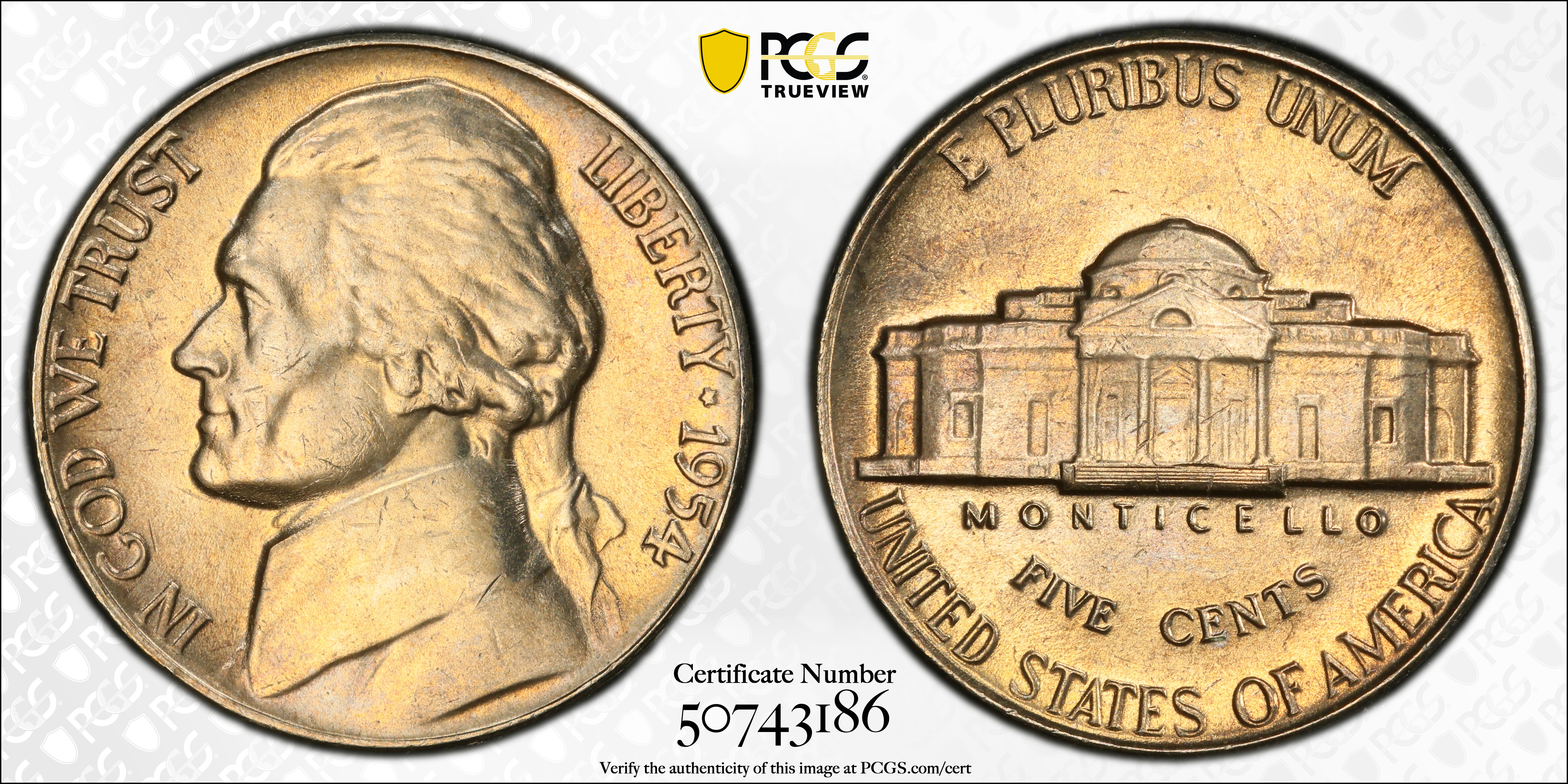 image for: 1954 Jefferson Nickel. MS-66 FS (PCGS).