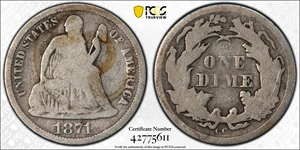image for: 1871-CC Liberty Seated Dime. Fortin-101. Rarity-4+. Good-6 (PCGS).