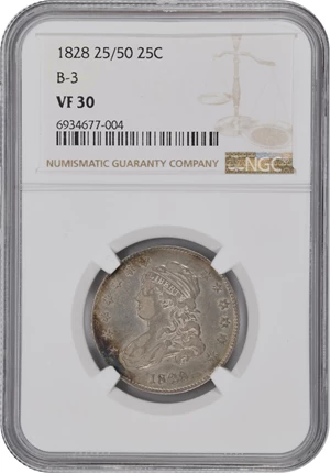 image for: 1828 Capped Bust Quarter. B-3. Rarity-5. 25/50 C. VF-30 (NGC).