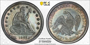 image for: 1865 Liberty Seated Quarter. Proof-63 (PCGS).