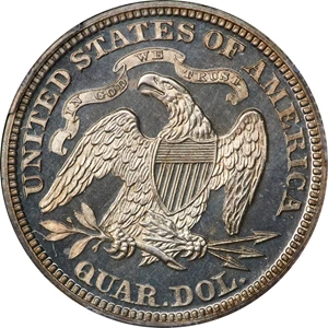 image for: 1866 Liberty Seated Quarter. Motto. Proof-64 Cameo (PCGS).