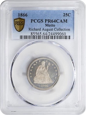 image for: 1866 Liberty Seated Quarter. Motto. Proof-64 Cameo (PCGS).