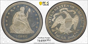 image for: 1866 Liberty Seated Quarter. Motto. Proof-64 Cameo (PCGS).